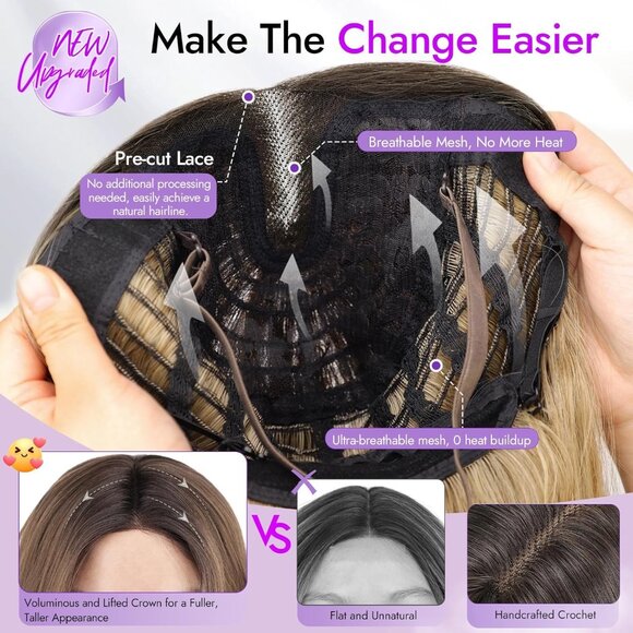 Brown Highlight Long Wavy Wig for Women, Pre-Cut HD Lace Natural Hairline 18" - Picture 5 of 5